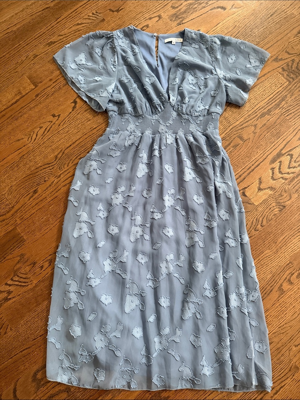Baltic born Light Blue Floral Midi Dress with Smocked Waist Sz medium